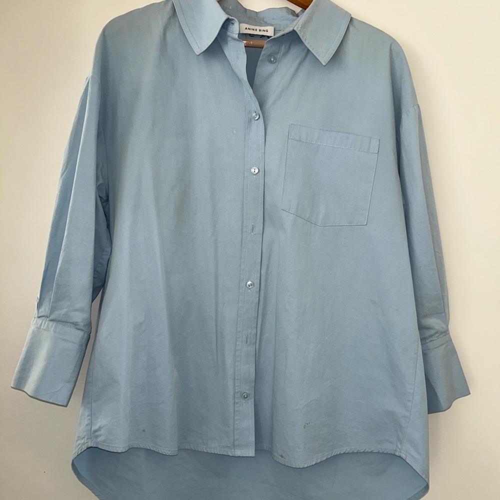ANINE BING WOMENS BLUE WILA BUTTON UP COLLARED SHIRT 3/4 LENGTH SLEEVE SIZE M